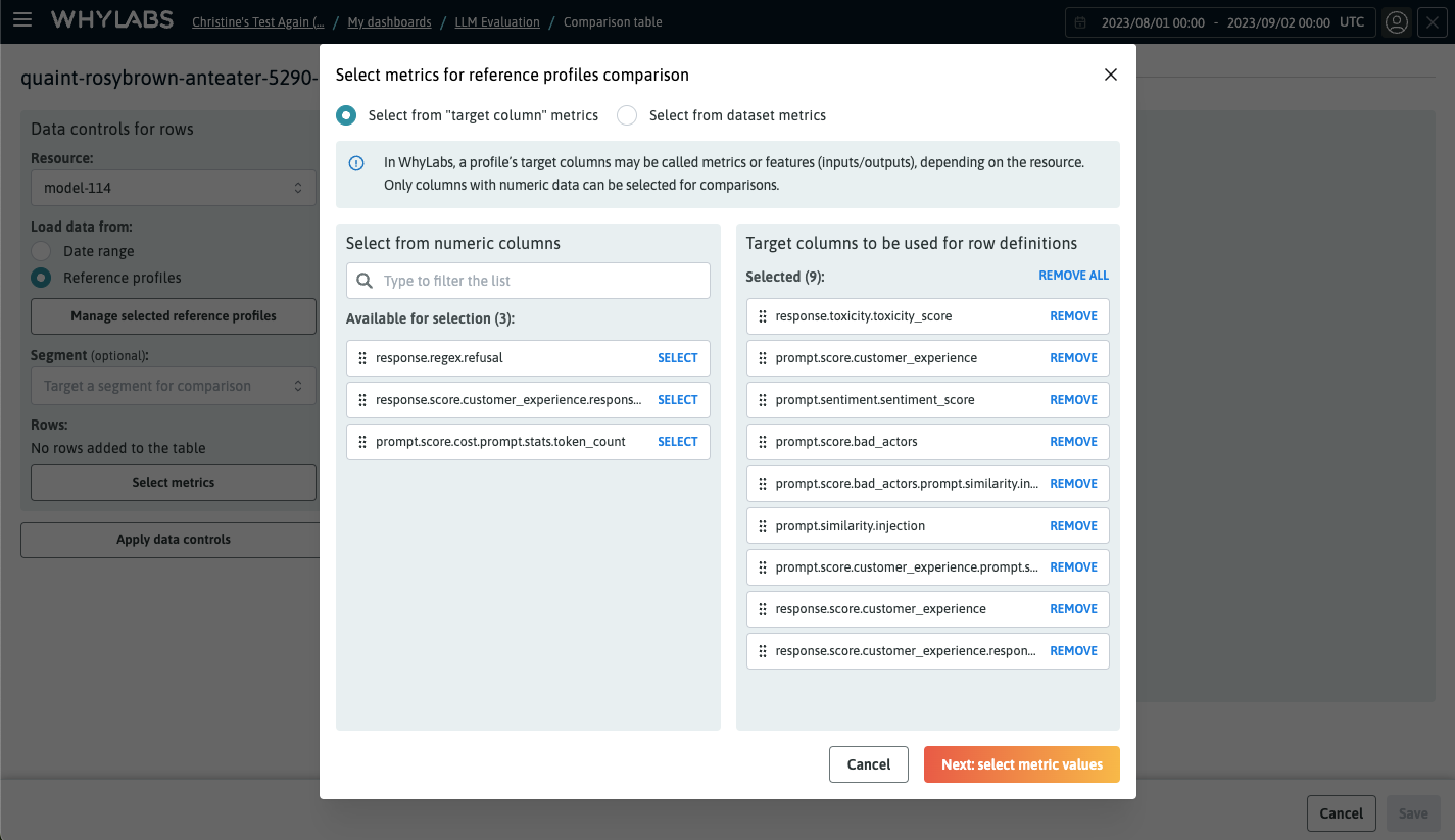 Selecting metrics for evaluation