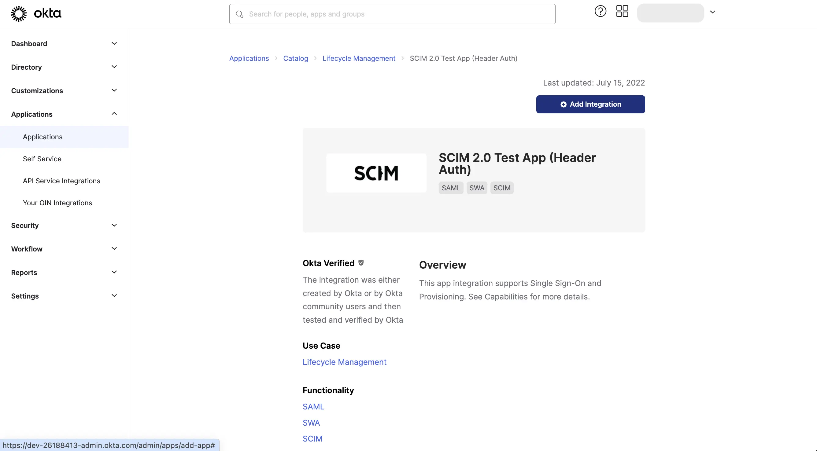 Okta Add Integration