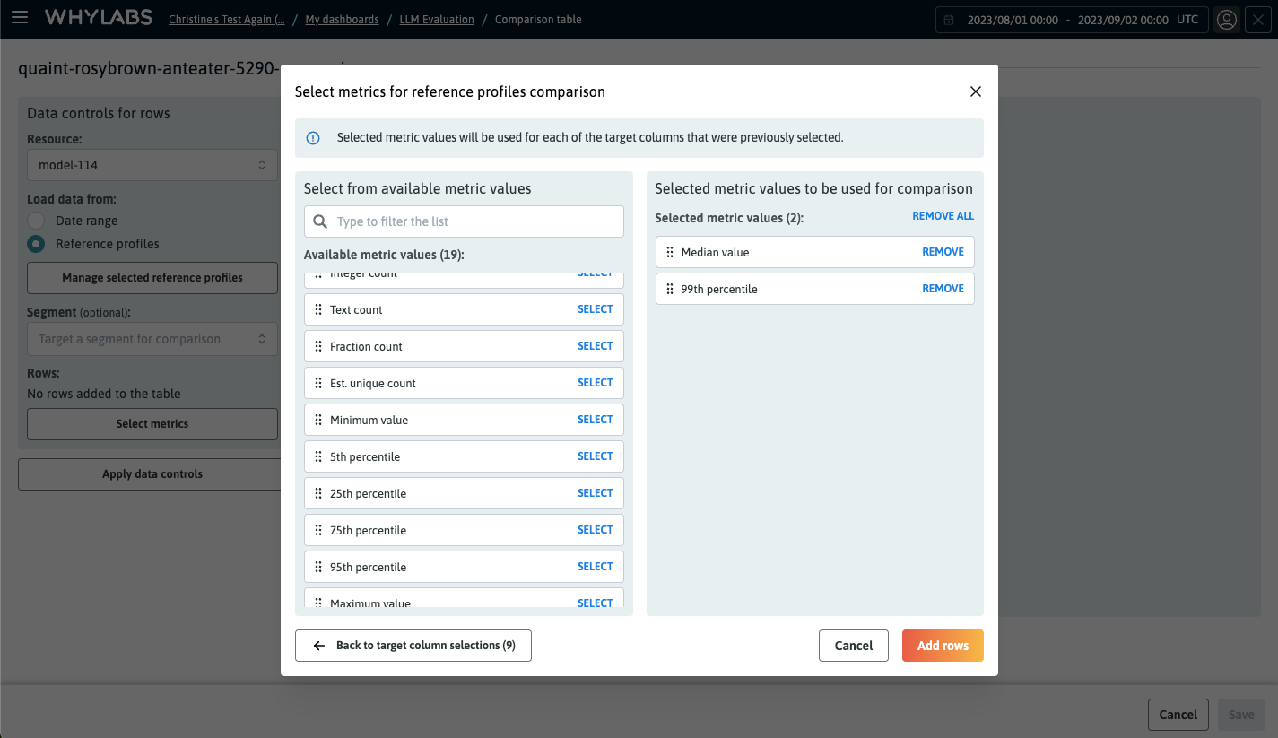 Selecting metric values for evaluation