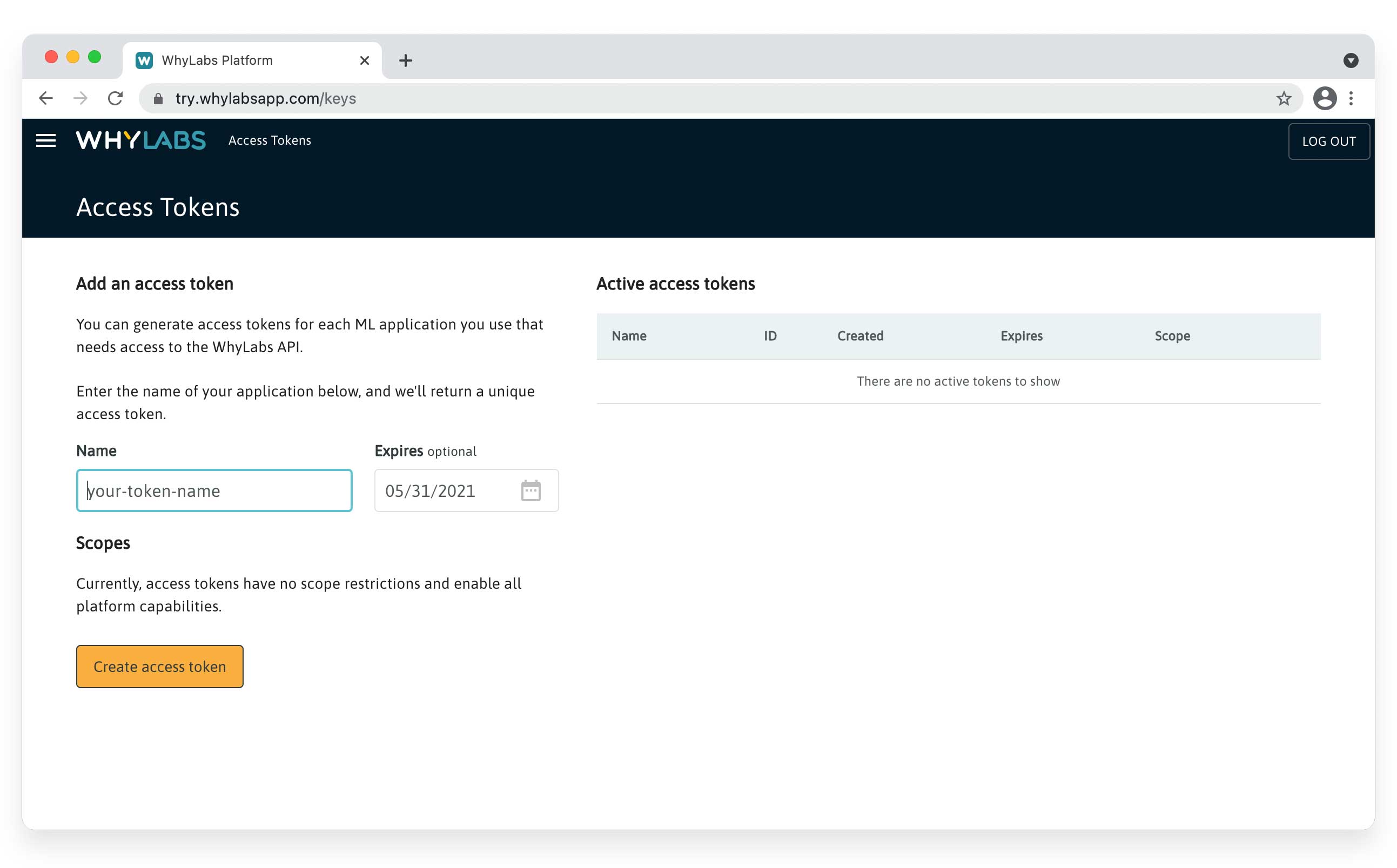 WhyLabs Access Token Page